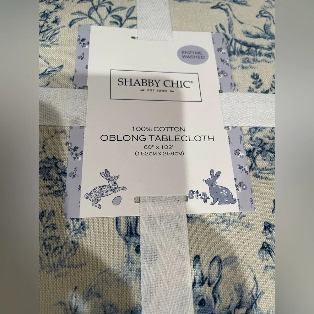 Shabby Chic Blue and Cream Rabbit Toile Oblong tablecloth 60”x102” New!